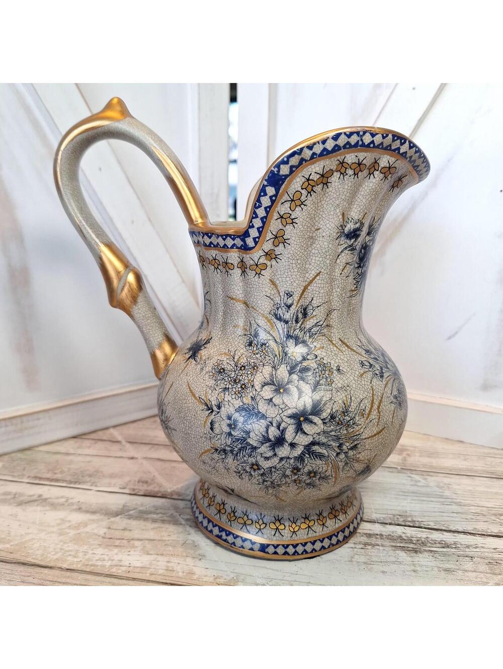 VTG Pottery Pitcher Vase In Blue/Gold Gilding Floral Design Crazing Look 9"H
